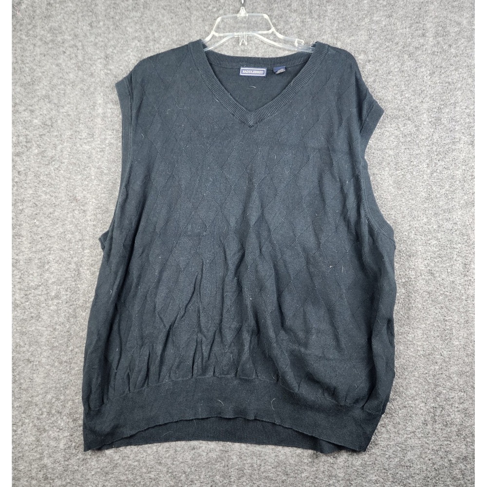 Saddlebred Sweater Vest Men XXL Black Argyle Diamond Texture‎ V-Neck Cotton
